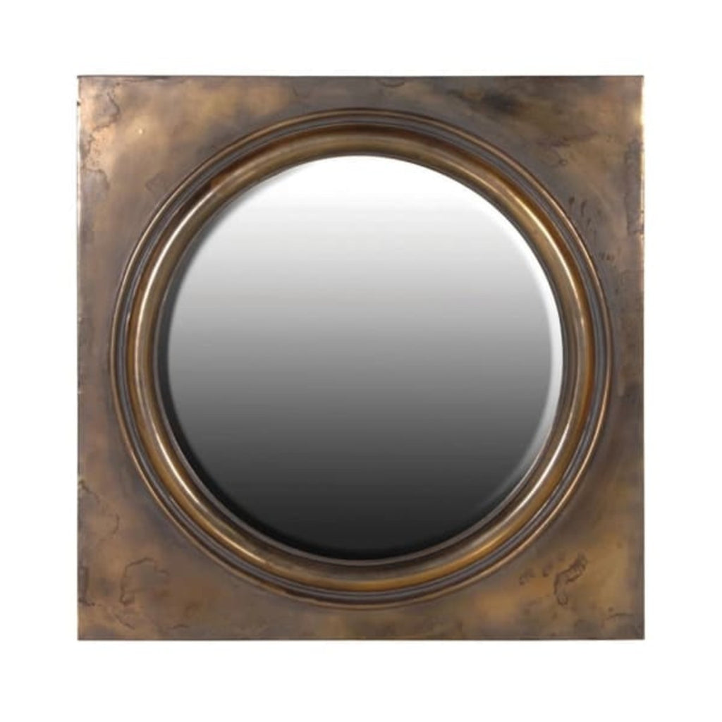 Antiqued Finish Round Mirror In Square Frame 107cm | Annie Mo's