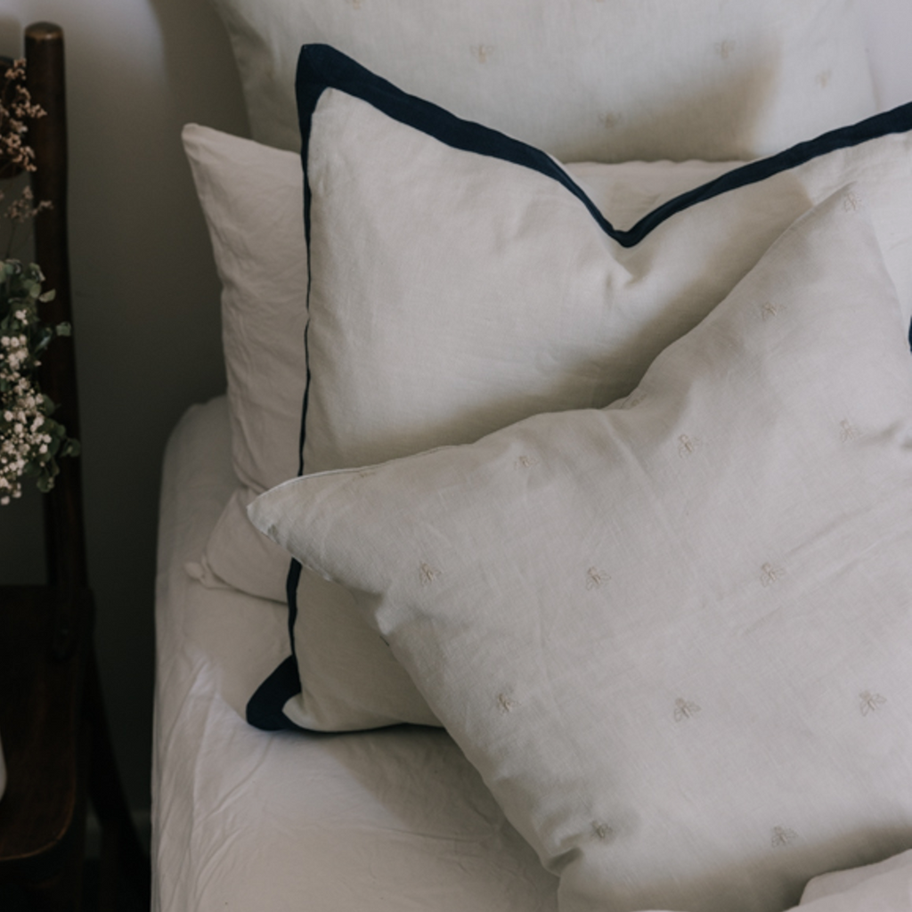 Bee Motif Linen Cushion - Milky White 45cm x 45cm | Annie Mo's