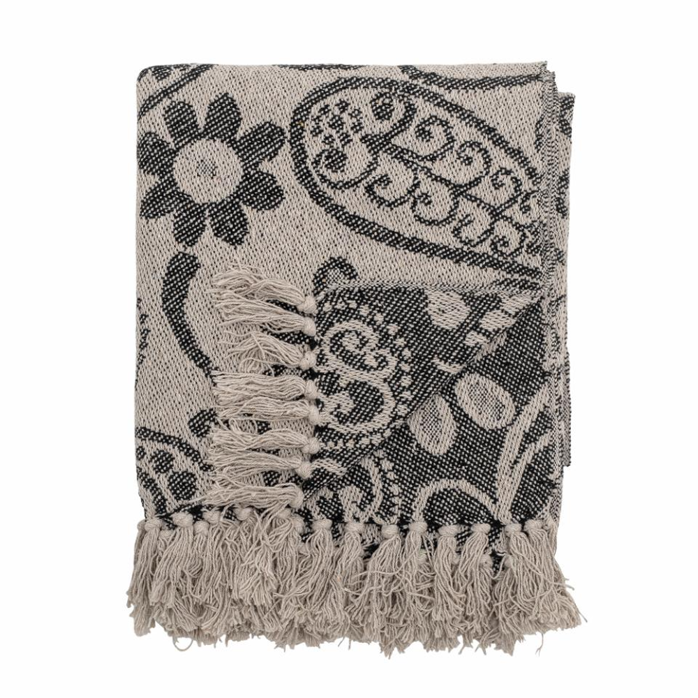 Black Floral Patterned Recycled Cotton Fringed Throw 160cm x 130cm