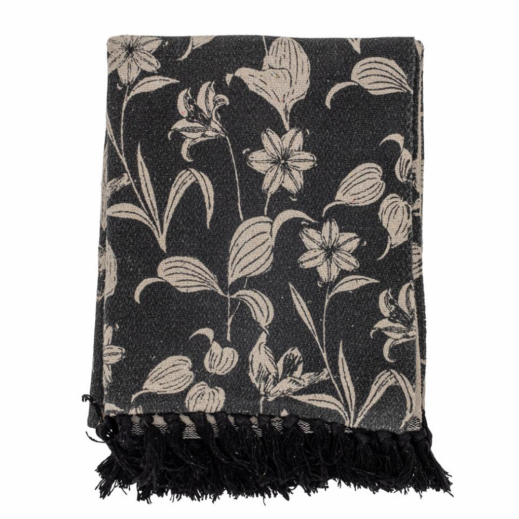  Black Patterned Recycled Cotton Fringed Throw 160cm x 130cm | Annie Mo's