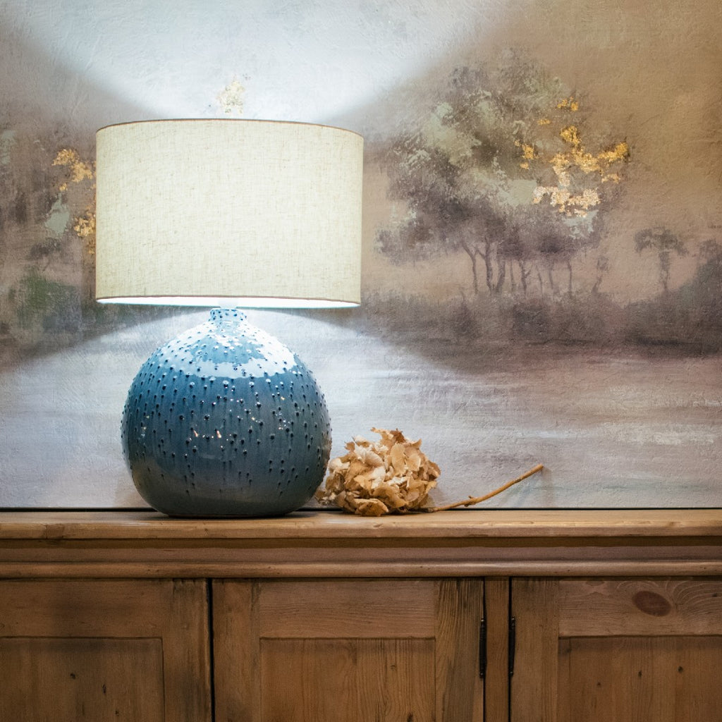 Blue Dot Ceramic Lamp with Natural Linen Shade 62cm | Annie Mo's