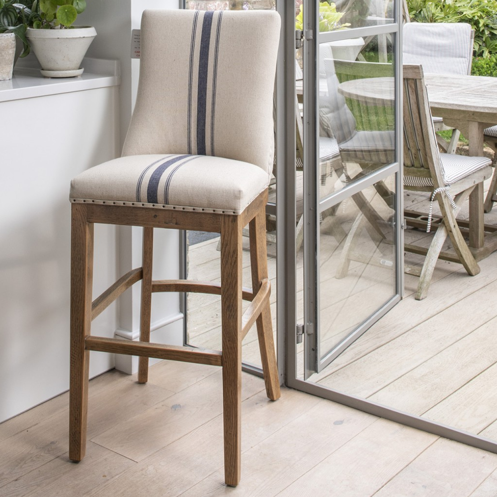 Blue and Beige Stripe Linen and Oak Bar Stool | Annie Mo's