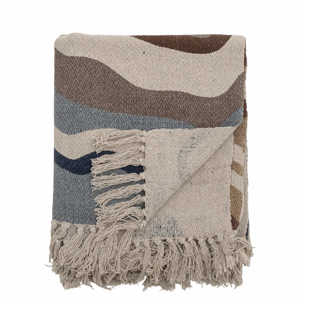 Brown and Blue Patterned Recycled Cotton Fringed Throw 160cm x 130cm 