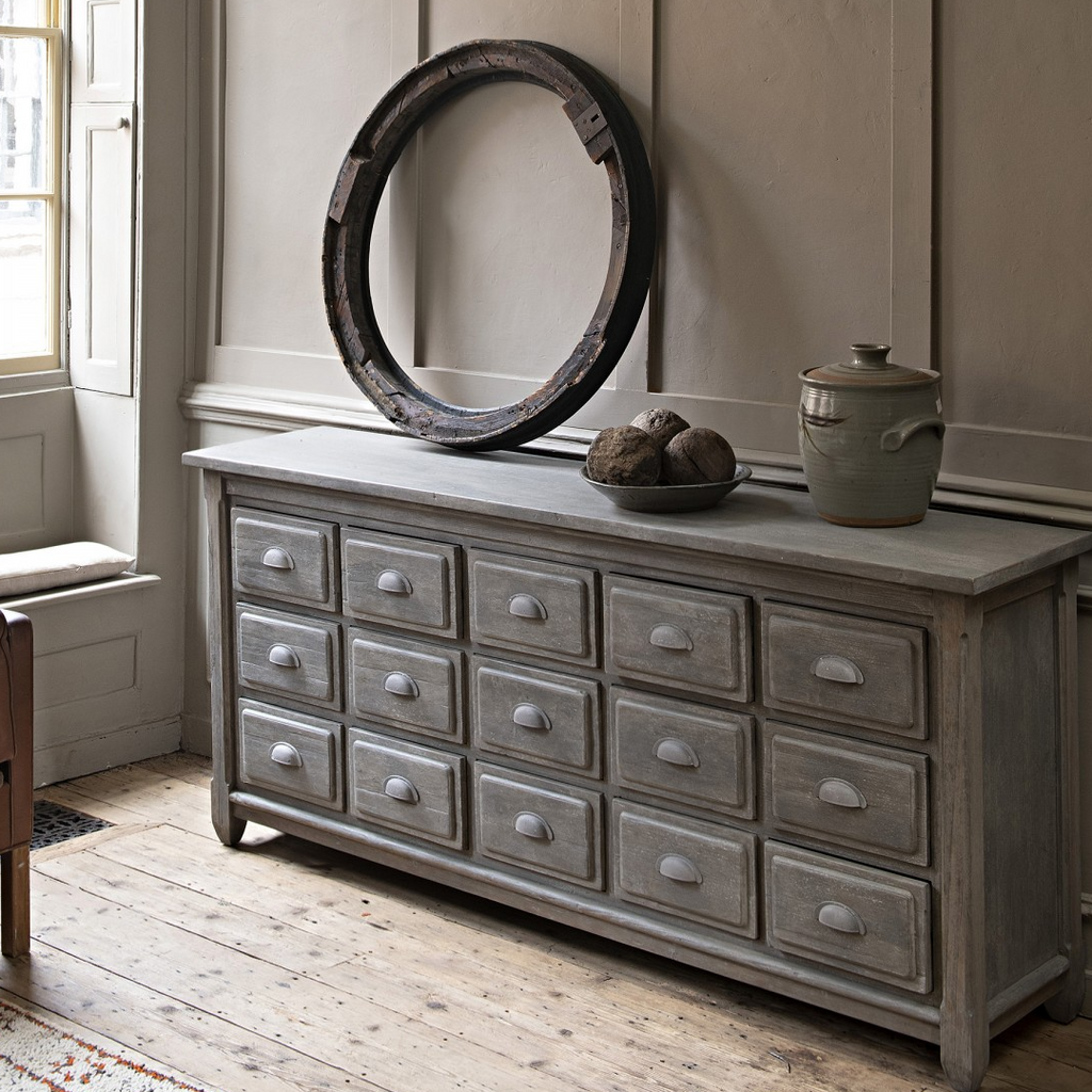 Distressed Grey Fifteen Drawer Chest 200cm | Annie Mo's
