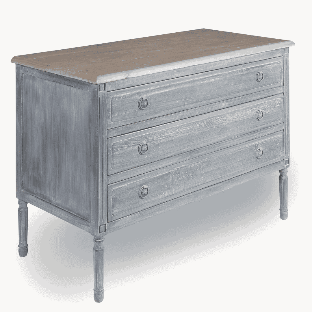 Distressed Three Drawer Chest with Natural Wood Top 120cm-C
