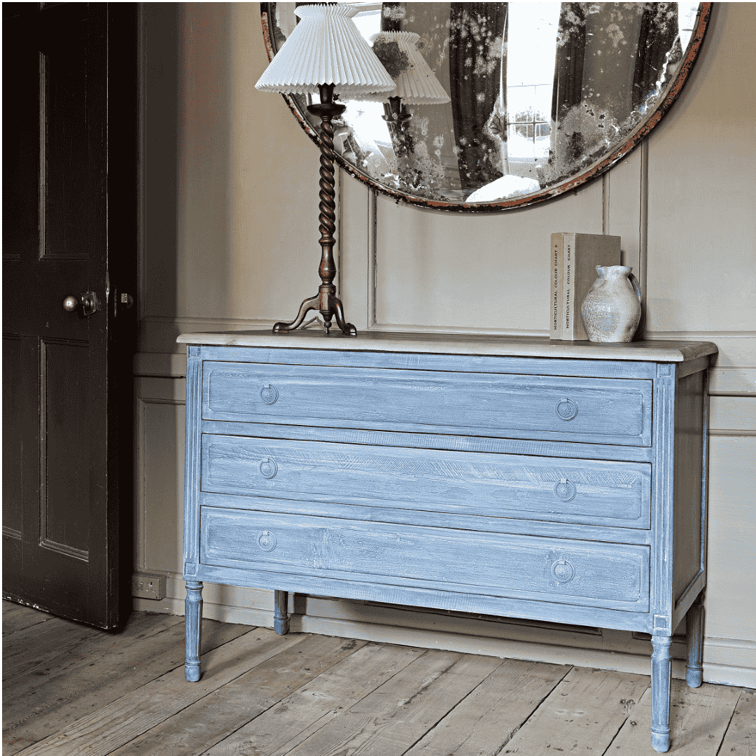Distressed Three Drawer Chest with Natural Wood Top 120cm | Annie Mo's
