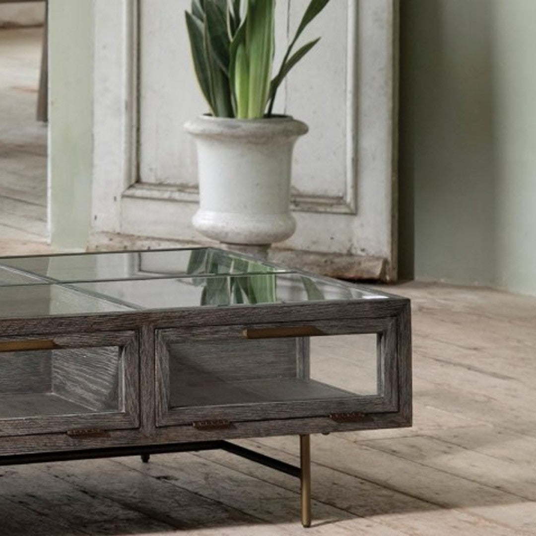 Iron and Oak Glass Coffee Table 136cm | Annie Mo's b