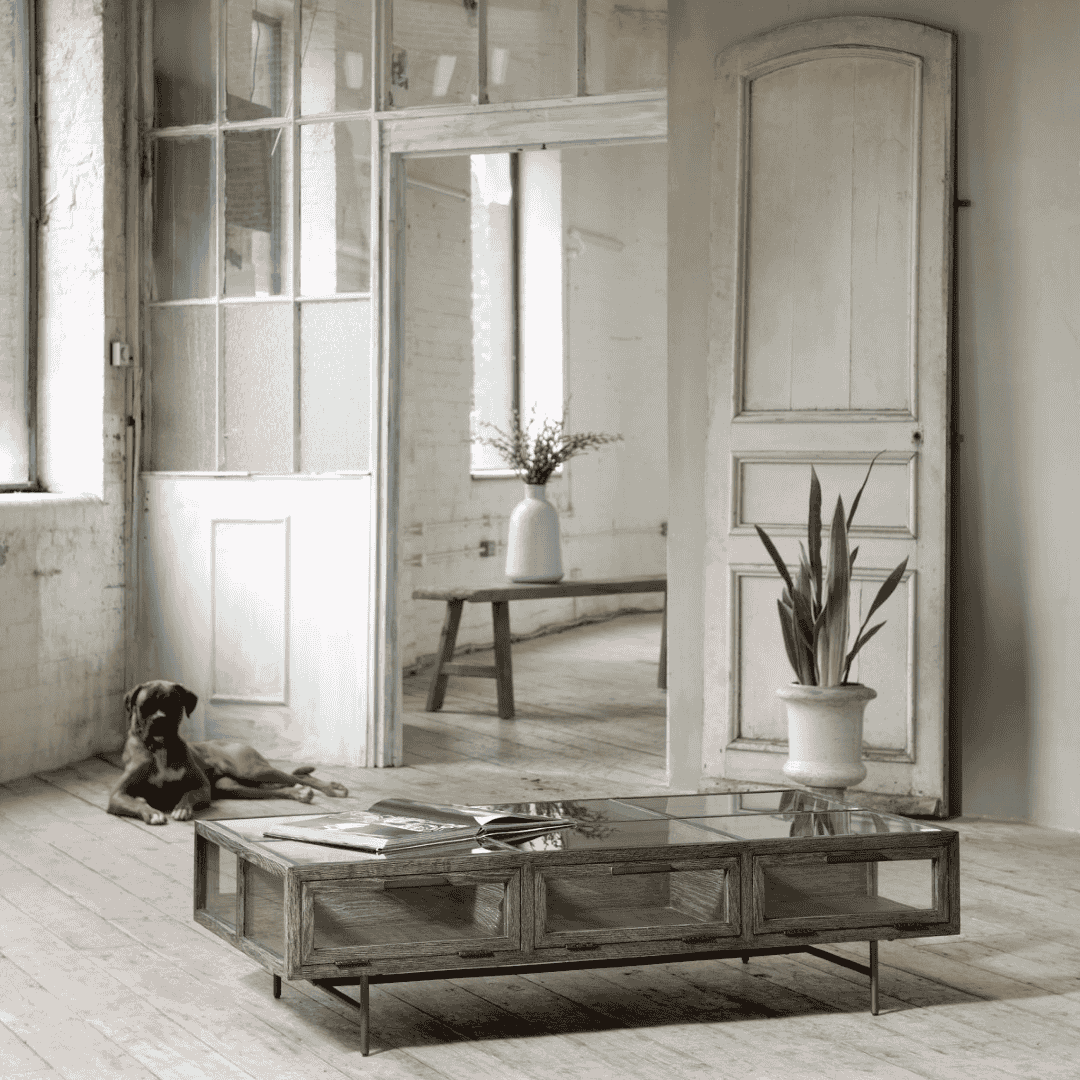 Iron and Oak Glass Coffee Table 136cm | Annie Mo's