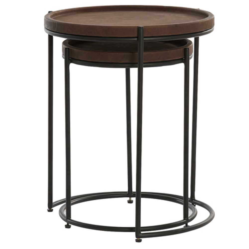 JAIRO Brown Leather and Black Metal Nesting Tables 53cm | Annie Mo's
