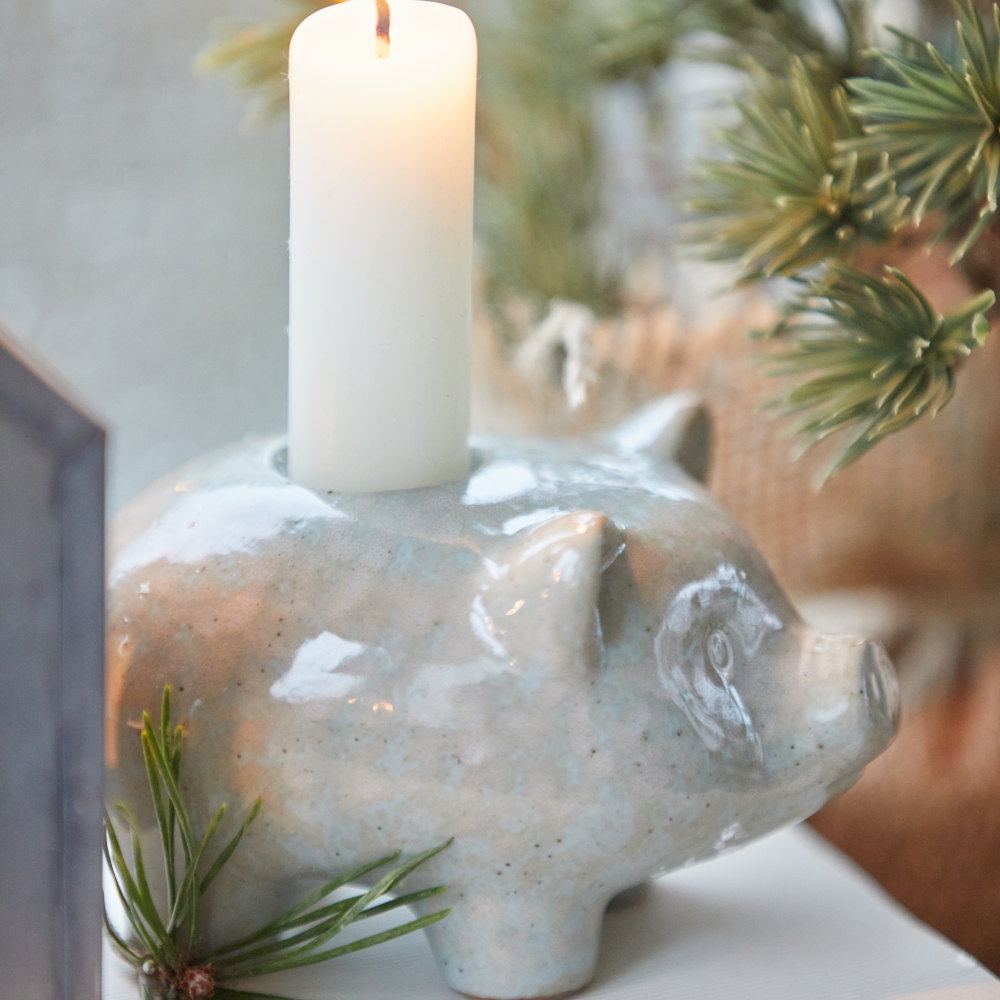 Light Green Stoneware Pig Dinner Candle Holder 10cm | Annie Mo's