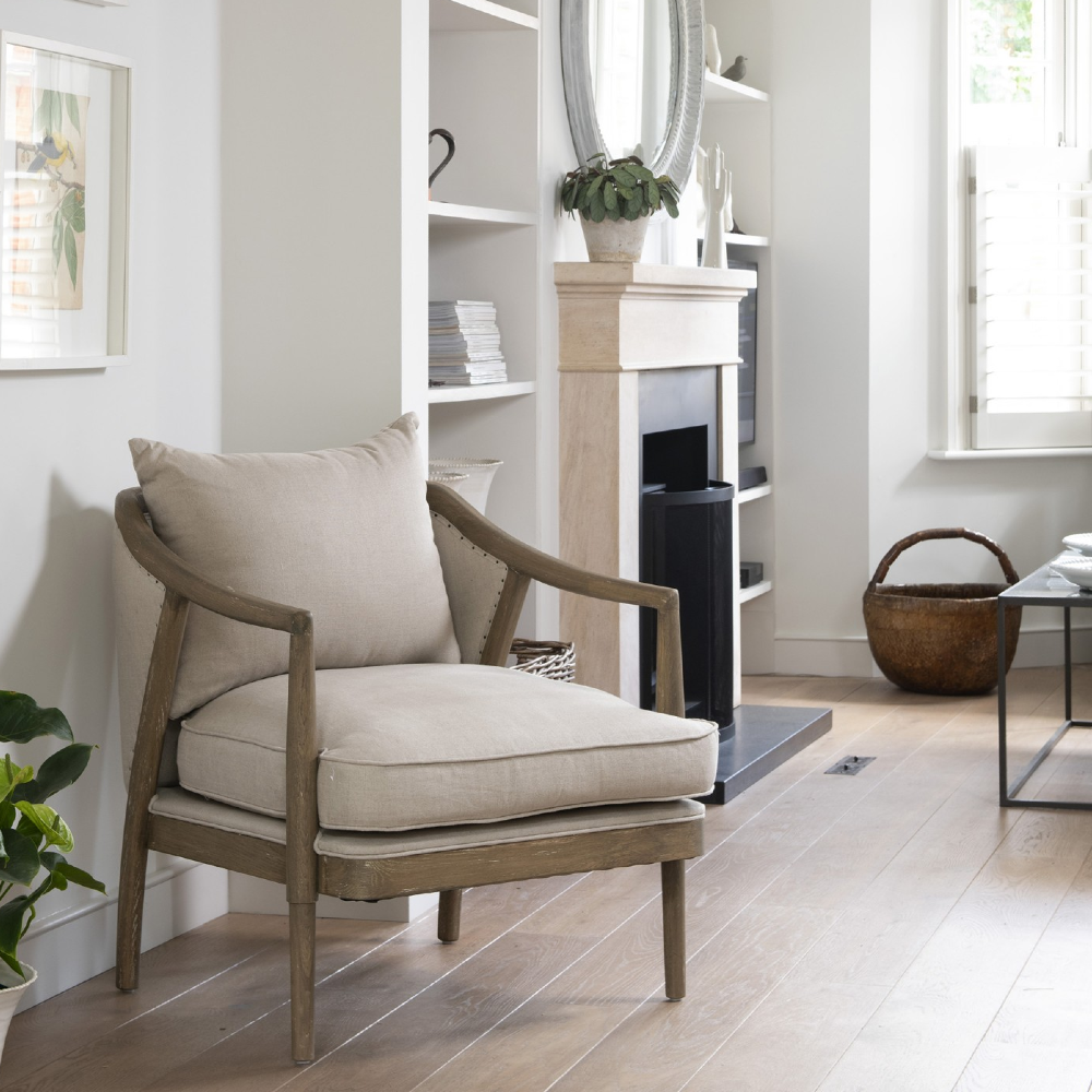 Oak and Linen Framed Curved Back Occasional Chair Annie Mo s