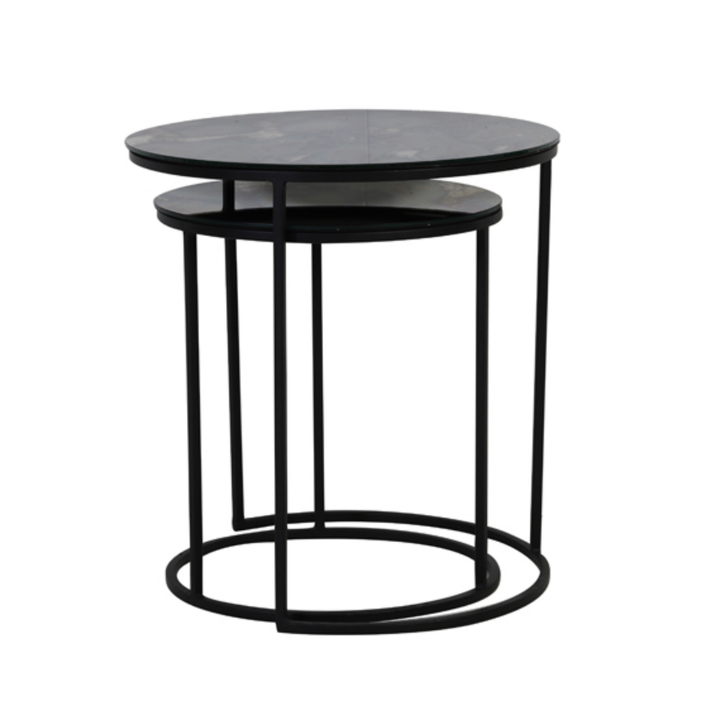 Set of Antiqued Glass and Iron Nesting Tables 50cm | Annie Mo's