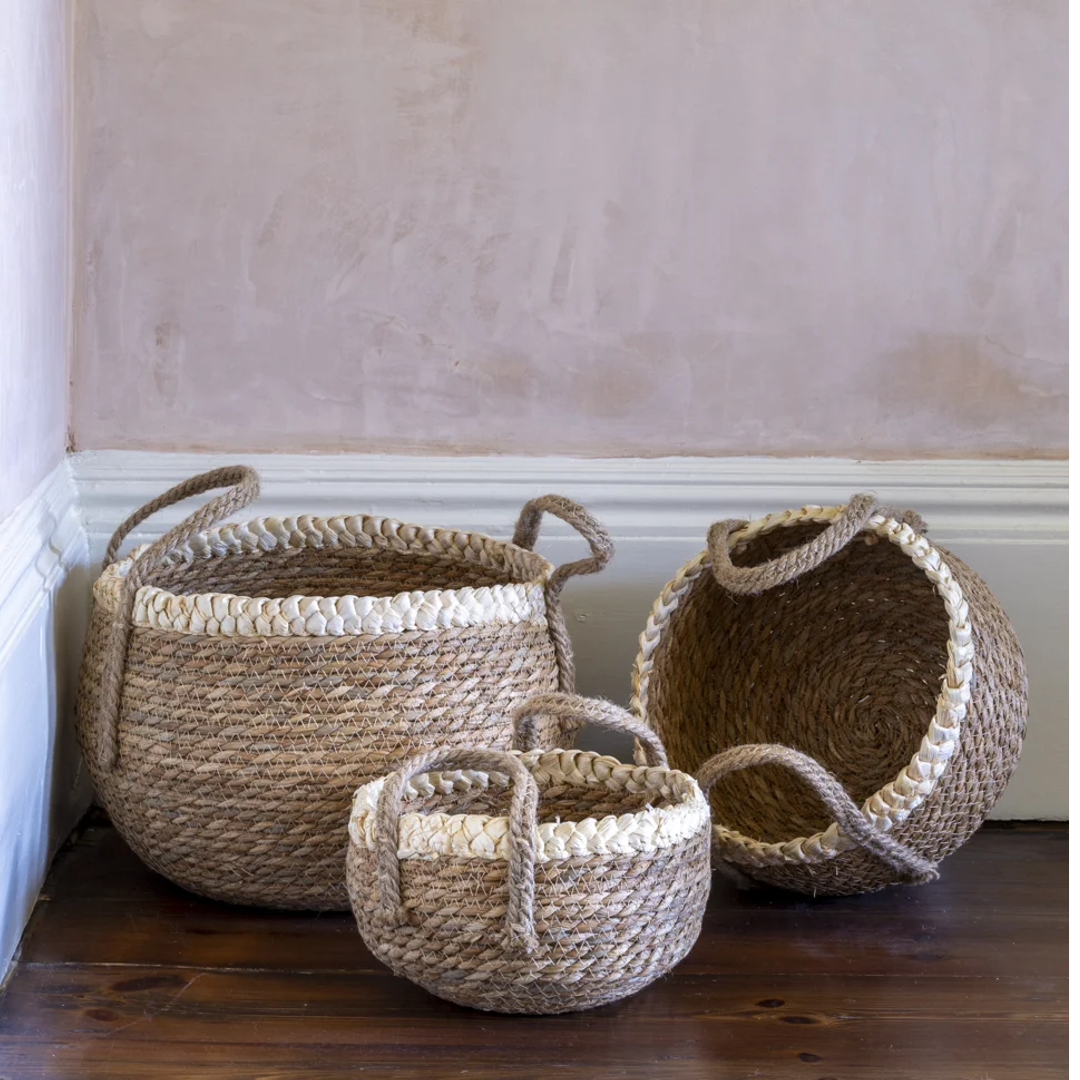 Set of Three Straw and Corn Basket with Cream Braid 32cm | Annie Mo's