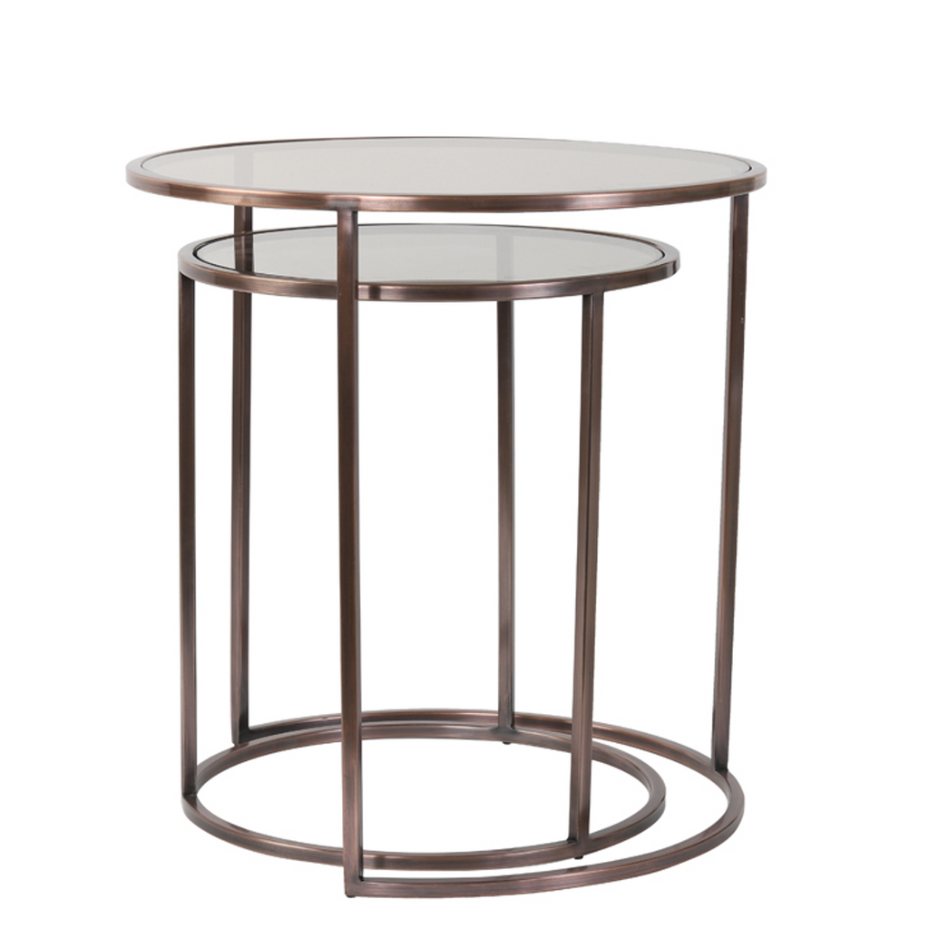 Set of Two Antiqued Copper and Glass Nesting Tables 52cm | Annie Mo's