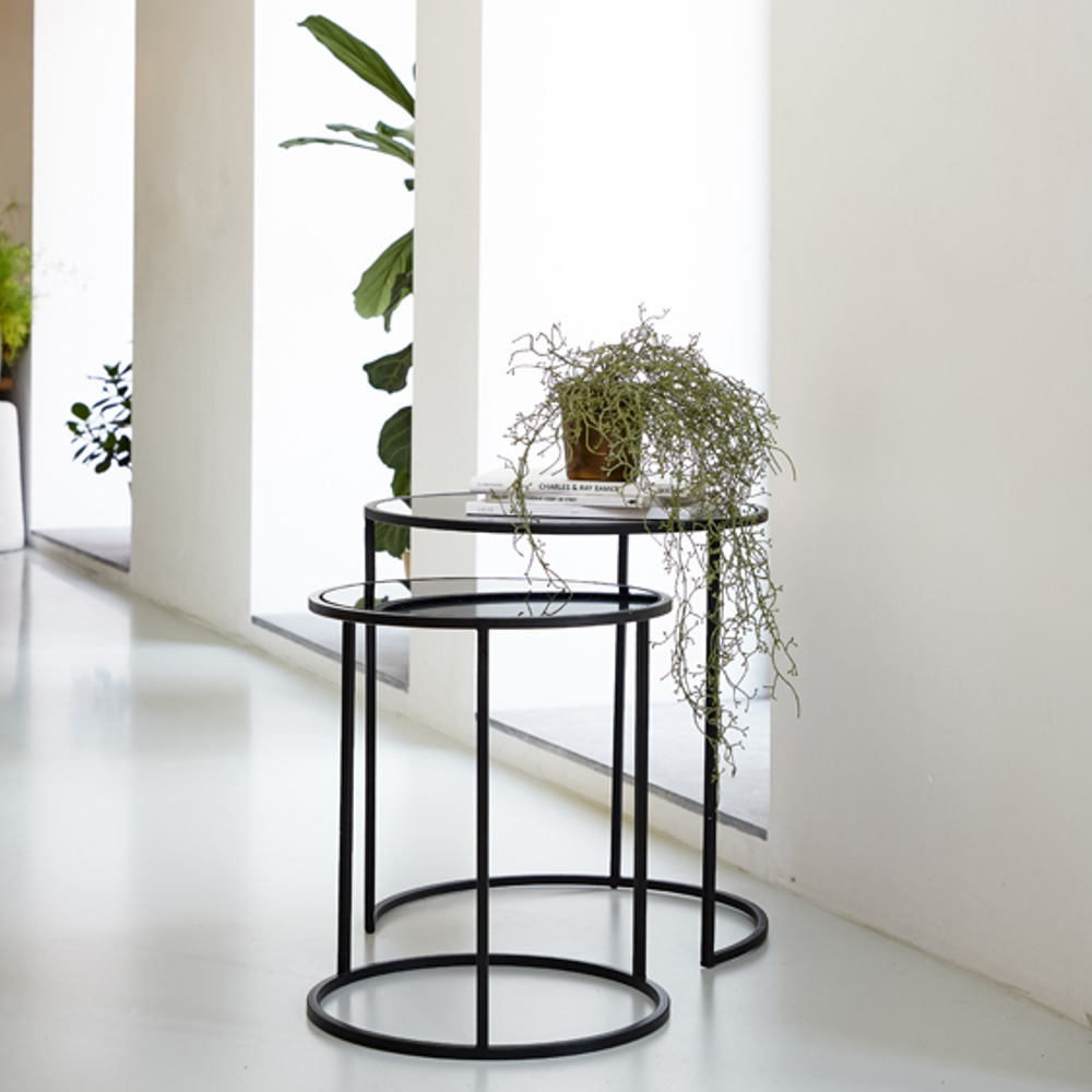 Set of Two Matt Black Metal and Glass Nesting Tables 52cm | Annie Mo's