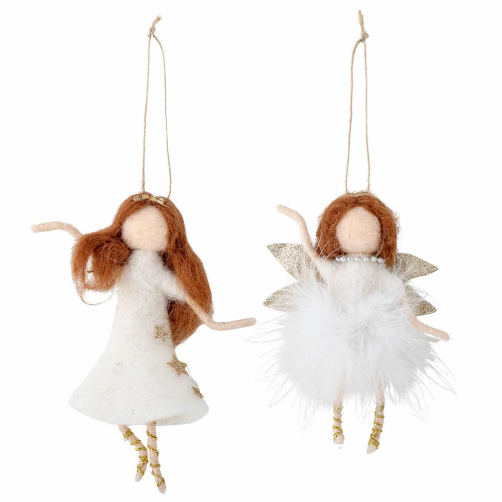 Set of Two White Wool Hanging Fairies with Red Hair 14cm | Annie Mo's