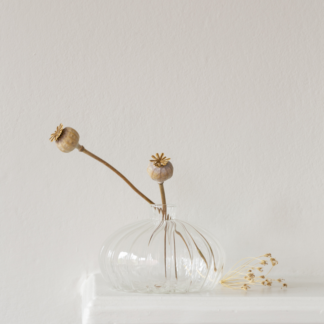 Short Clear Ribbed Glass Vase | Annie Mo's