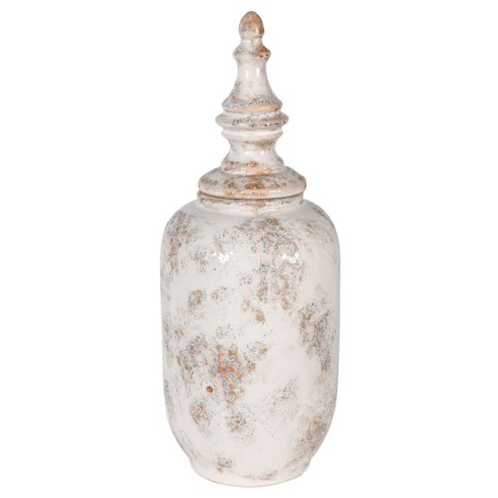 Tall Distressed Cream Ceramic Finial Jar 47cm | Annie Mo's