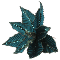 Turquoise Fabric and Gold Glitter Poinsettia Pick 25cm | Annie Mo's