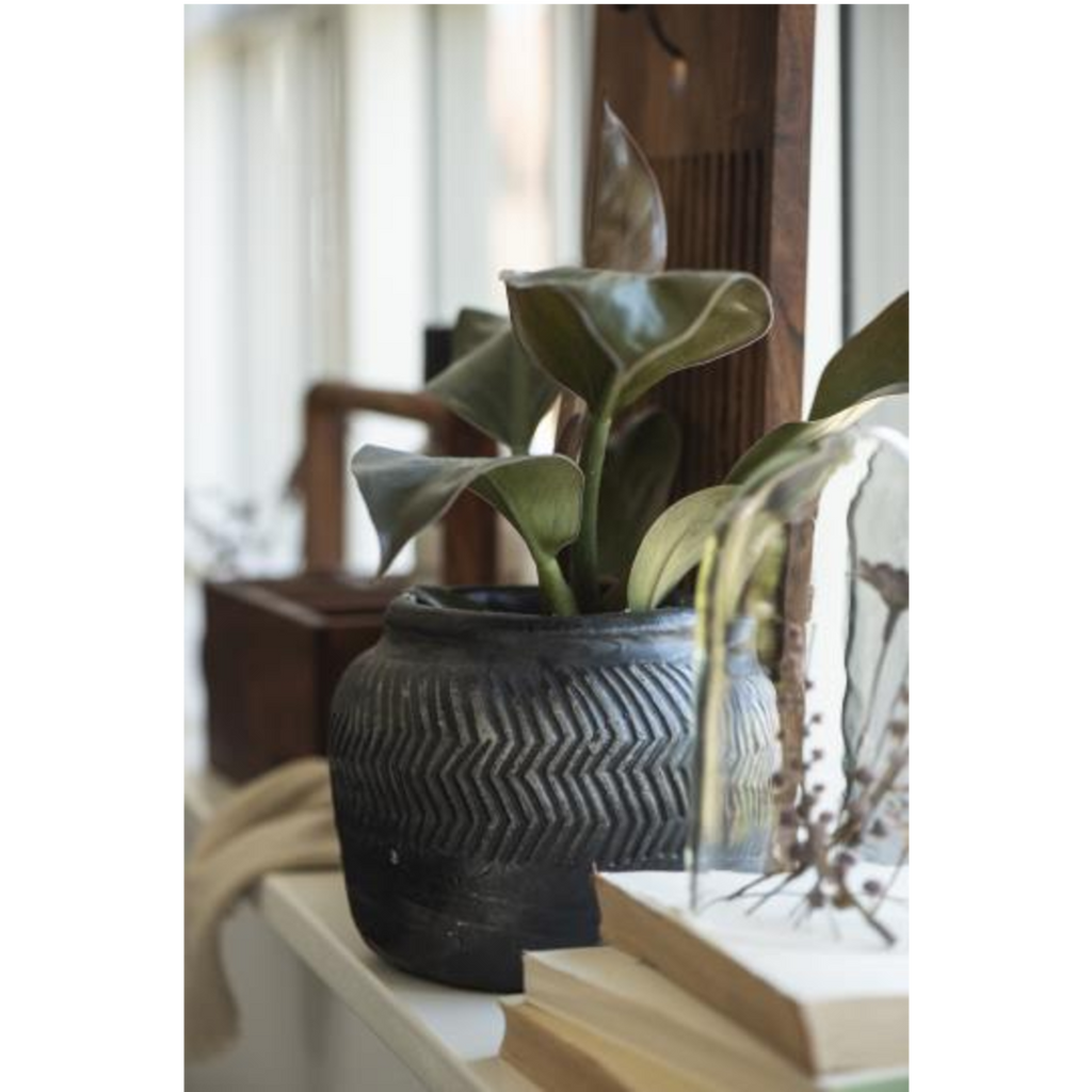 Black Cement Grooved Pot 12cm | Annie Mo's
