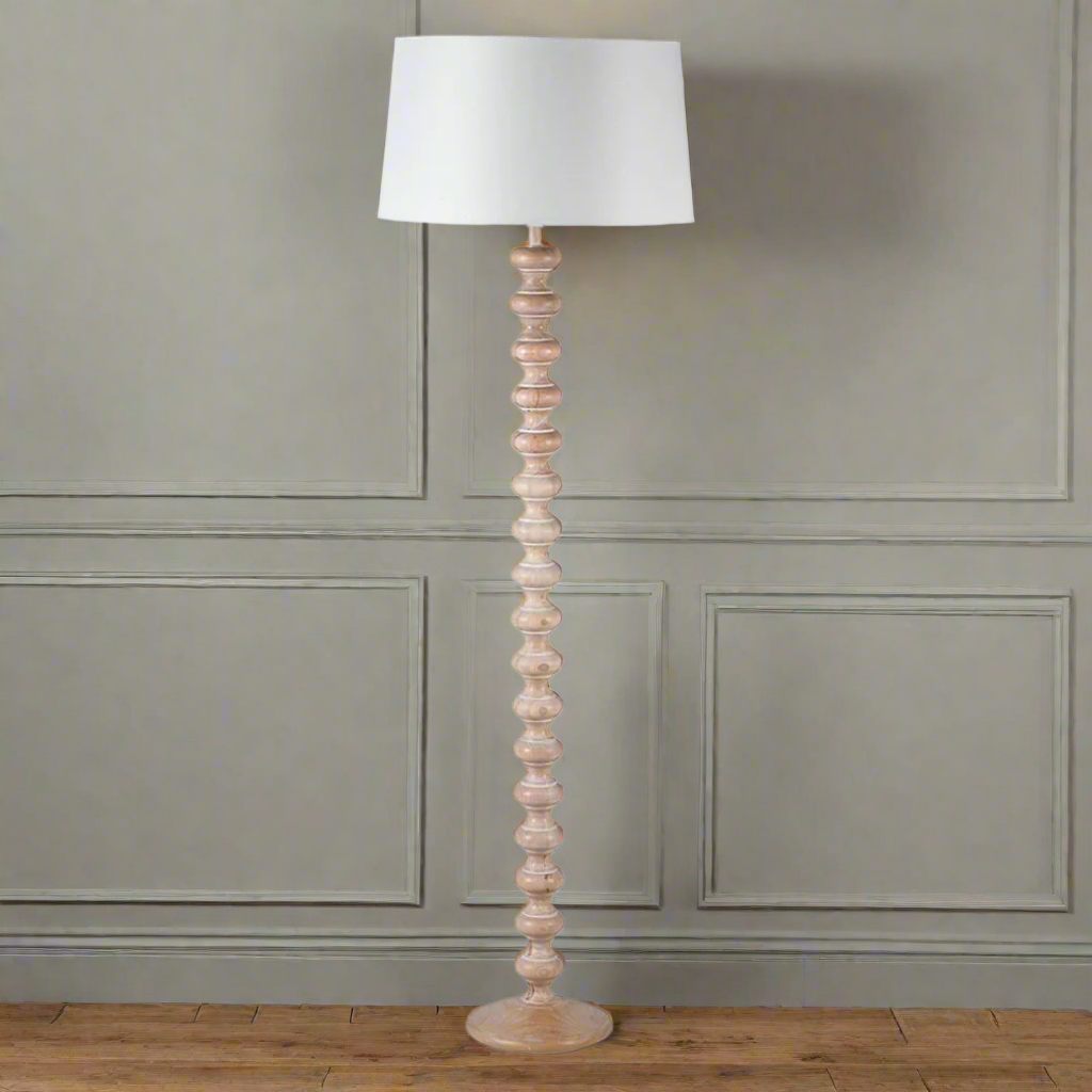 Wooden Turned Floor Lamp with Linen Shade 155cm