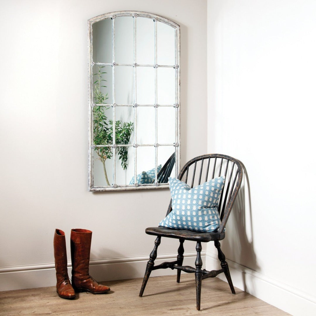 Distressed White Iron Window Pane Mirror H137cm
