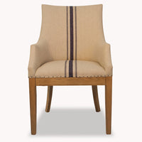 Striped Deconstructed Beige Linen and Oak Carver Dining Chair | Annie Mo's