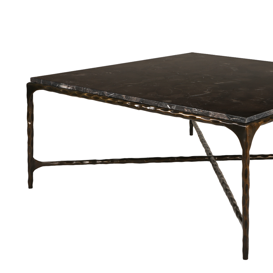 French Brown Marble and Antiqued Gunmetal Square Forged Coffee Table 90cm - CLEARANCE